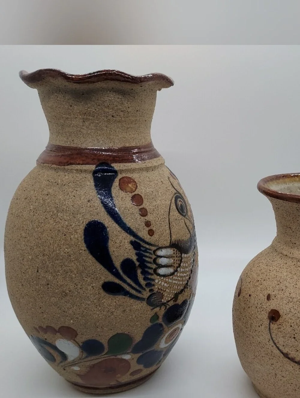 Vintage Tonala Sandstone Mexican Pottery Vases Flowers Floral Blue Brown (2)